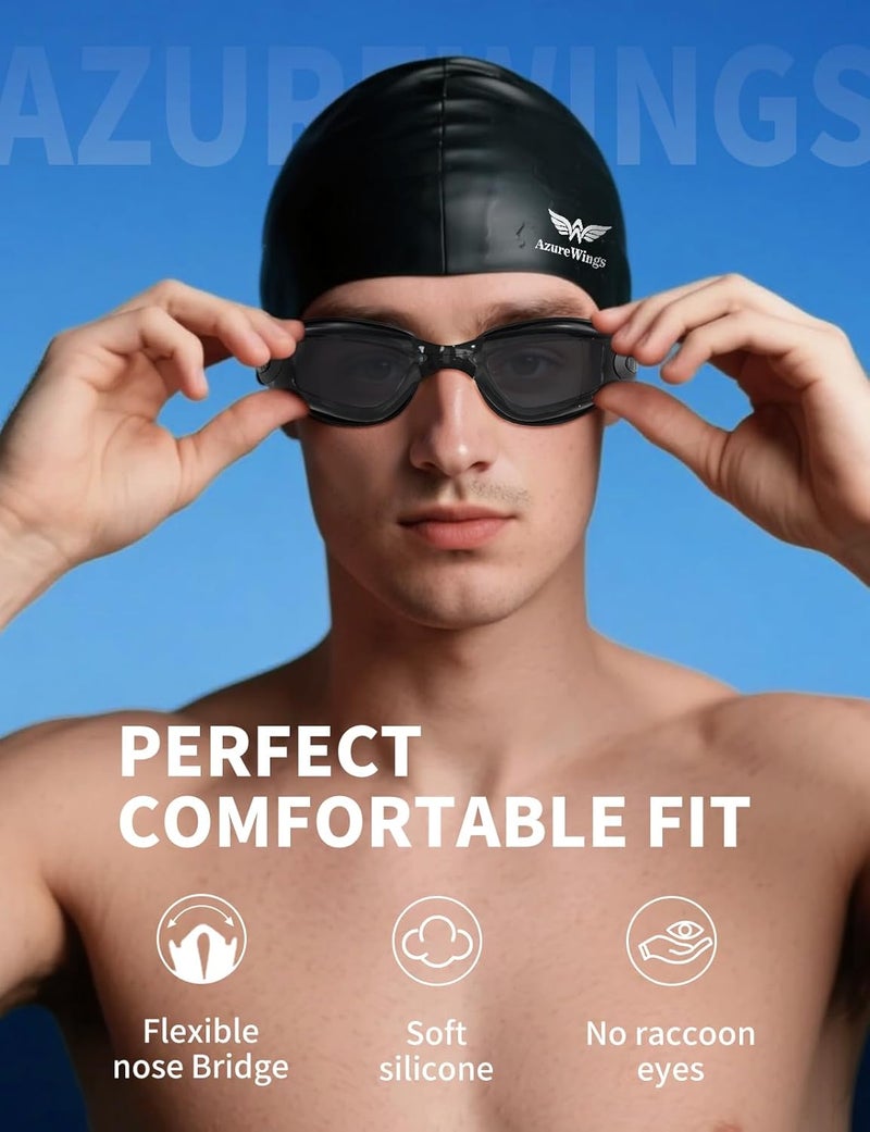 AzureWings 7 in 1 Swim Goggles + Swim Cap for Men Women,No Leak Anti-Fog & UV, Wide Visio HD Mirror PC Lens - Image 2